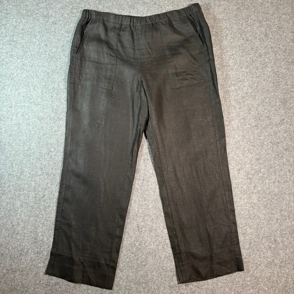 AYR 100% Linen Pants Black Linen Blend Elastic Waist Cropped Wide Leg Women Sz L